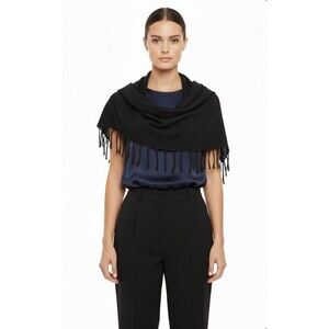 Theory Silk Tank Top w/ Attached Wool Shawl Scarf Fringe Black Sz M Career Prepp